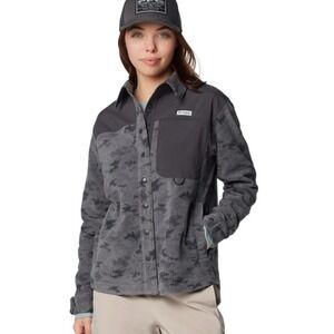 Columbia PFG‎ Women's Camo Fleece Snap Front Shirt Jacket hiking L Large Outdoor